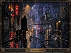 A solitary traveler stands beside a battered suitcase on a rain-soaked city street beneath towering, surreal architecture and a looming moon. Neon motel signs, amber streetlights, deep blues, and crimson reflections create a tense nocturnal mood. Painterly textures, watchful shadows, warped perspective, and industrial framing evoke paranoia, mystery, and cinematic noir.