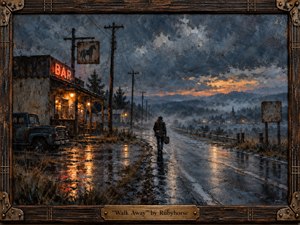A solitary figure carrying a guitar case walks down a rain-soaked rural road, leaving a glowing roadside bar behind beneath turbulent twilight clouds. Deep blues, charcoal grays, and warm amber reflections create a melancholy, determined mood. Thick, expressive oil-like textures, distant town lights, weathered wood, metalwork, and guitar-string framing enrich the scene.