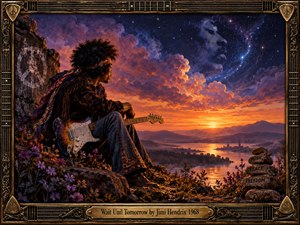 A contemplative guitarist sits on a flowered cliff above a glowing river valley at sunset, framed by ornate guitar-inspired metalwork. Deep purples, fiery oranges, and midnight blues create a dreamy psychedelic mood, while a star-filled sky, ghostly face, peace symbol, and stacked stones evoke reflection, freedom, memory, and tomorrow.