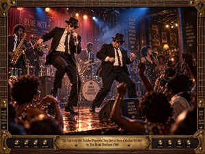 A smoky rhythm-and-blues nightclub erupts with movement as two suited performers dance before a lively band and cheering crowd. Warm amber, red, and electric blue stage lights reflect across polished floors, creating a cinematic analog-film atmosphere. Brass instruments, vintage microphones, deep shadows, and an ornate wood-and-brass musical frame reinforce the exuberant period energy.