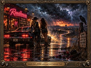 Two fearless women stand beside a black muscle car outside a glowing neon roadhouse as lightning illuminates stormy skies. Crimson reflections shimmer across rain-soaked pavement while a winding highway disappears toward a fiery horizon. Richly textured oil painting, dramatic lighting, and ornate bronze framing capture rebellious energy and cinematic tension.