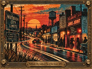A winding road leads into a lively Southern town beneath a blazing orange sunset. Vintage cars, silhouetted dancers, glowing storefronts, and a neon juke joint pulse with restless energy. Weathered teal and crimson screen-print textures evoke 1970s soul, while an ornate brass amplifier-inspired frame surrounds the spirited scene.