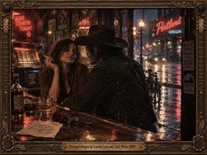Inside a smoky Portland bar, a cowboy-hatted man leans toward a woman holding a cigarette. Whiskey, a red rose, and a glowing jukebox suggest reckless romance. Beyond the window, rain blurs crimson neon into blue streets. Cinematic amber lighting and an ornate guitar-themed frame deepen the nostalgic, nocturnal mood.