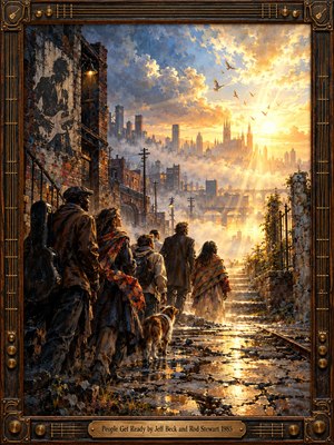A small group of travelers and a dog cross a rain-slick, crumbling city street toward a radiant golden sunrise. Weathered brickwork, distant spires, misty bridges, and soaring birds frame their hopeful journey. Rich oil-painted textures blend cool blue shadows with warm amber light, enclosed by ornate guitar-inspired bronze and wood.