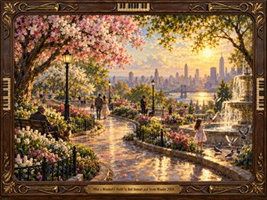 A luminous oil painting depicts a winding garden promenade lined with flowering trees, strolling couples, and a saxophonist. A child greets birds beside a sparkling fountain, while a distant city skyline glows beneath golden skies. Pink blossoms, lush greenery, and warm reflections create peaceful optimism within an ornate musical frame.