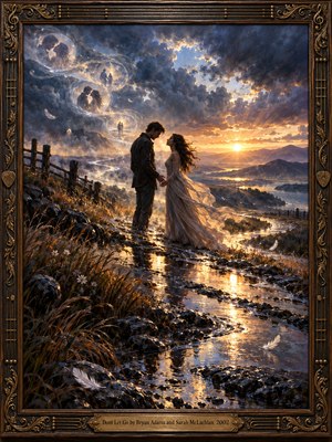 A couple holds hands on a rain-soaked hillside as golden sunset light pierces dramatic blue-gray clouds. Winding streams, floating feathers, and glowing memory bubbles symbolize enduring love. Richly textured oil painting captures distant mountains, windswept grasses, and shimmering reflections, enclosed within an ornate bronze and wood musical frame.