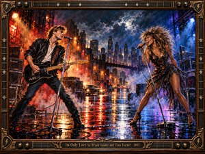 On a rain-slick city stage, a leather-clad guitarist and a dazzling singer face each other beneath storm clouds. Fiery orange lights clash with electric blue and violet, reflecting across wet pavement. Smoke, microphones, amplifiers, and distant skyscrapers heighten the passionate 1980s rock atmosphere, enclosed by an ornate guitar-inspired metallic frame.