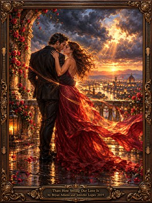 An embracing couple stands on a rain-slick balcony above a glowing riverside city, their dark suit and billowing crimson gown silhouetted against a golden sunset breaking through storm clouds. Roses, lanterns, and scattered petals enrich the romantic oil painting, while an ornate bronze-and-wood frame with guitar details surrounds the scene.