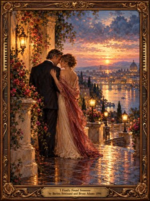 An elegantly dressed couple embraces on a flower-covered terrace overlooking a romantic riverside city at sunset. Golden lanterns illuminate rain-slicked stones beneath a dramatic rose and violet sky. Warm reflections shimmer across the water. Rich oil-painted textures and an ornate bronze frame create a timeless atmosphere of love and devotion.