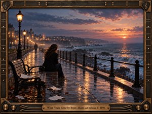 A solitary woman watches the sunset from a rain-soaked seaside promenade as a distant figure disappears among glowing streetlamps. Amber reflections shimmer across wet stones beneath a violet-blue sky, while restless waves strike the rocky shore. Cinematic photography and an ornate guitar-inspired bronze frame evoke romantic longing and separation.