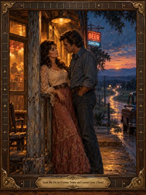 A couple shares a tender, longing glance outside a weathered country dance hall at twilight. Golden porch lights illuminate their faces against a dusky blue sky, while neon signs glow above a winding rain-soaked road. Rich oil textures, nostalgic romance, and an ornate walnut-and-brass frame complete the intimate scene.