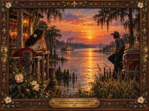 A woman on a rustic porch and a cowboy beside a vintage truck gaze across a Southern river at sunset. Golden reflections surround a steamboat and distant bridge, while mossy cypress trees and magnolias deepen the romantic atmosphere. Rich oil-painted oranges and purples glow within an ornate carved wooden frame.