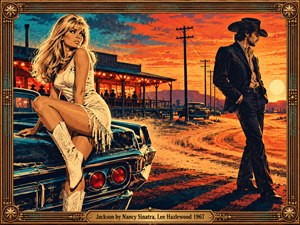 A glamorous blonde in a fringed white dress perches on a vintage car while a cowboy turns away along a dusty Western road. Fiery orange sunset light contrasts with deep turquoise shadows. A glowing roadside dancehall, distant mesas, and telephone poles enrich the dramatic screenprint, enclosed by an ornate bronze frame.