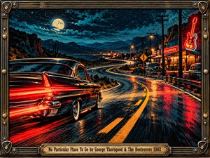 A black vintage car cruises a winding desert highway beneath a glowing full moon. Crimson taillights streak across rain-slick pavement as turquoise mountains and neon roadhouses illuminate the night. Rich screen-print textures, golden reflections, guitar-string framing, and an engraved brass title plate evoke playful rock-and-roll freedom.