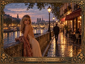 A glamorous blonde woman gazes wistfully along the Seine as a solitary man walks away through rain-soaked Parisian streets. Golden lamplight illuminates cobblestones, riverside cafes, and distant bridges beneath a lavender sunset. Cinematic vintage photography captures bittersweet romance, framed by ornate bronze floral decorations and an engraved title plate.