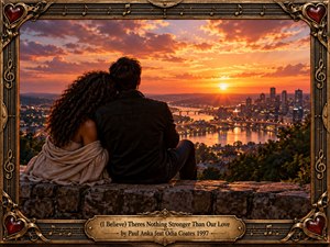 A couple embraces on a stone overlook above a glowing river city as the sun sets beneath dramatic orange, pink, and violet clouds. Golden reflections shimmer across the water, illuminating distant bridges and buildings. The romantic cinematic composition radiates warmth and devotion, enclosed by an ornate bronze and dark wood frame adorned with musical notes and hearts.