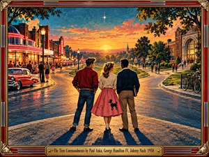 Three teenagers stand at a crossroads in a nostalgic 1950s town beneath a golden sunset. A glowing diner and vintage car contrast with a stately school and leafy neighborhood. Rich reds, blues, and amber screen-print textures create a hopeful, reflective atmosphere, enclosed by ornate metalwork and an engraved brass title plate.
