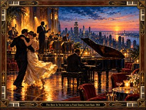 An elegant couple dances across a gleaming jazz club floor as a tuxedoed singer, horn section, and pianist perform beside panoramic windows. Beyond them, a glowing city skyline meets a golden sunset. Rich amber and midnight blue brushstrokes evoke romance, anticipation, and timeless swing, enclosed in an ornate piano-key frame.