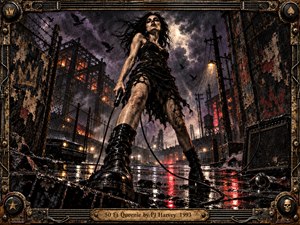 A towering punk queen strides through a rain-soaked industrial wasteland, framed by rusted factories, chain-link fences, ravens, and glowing red windows. Low-angle perspective magnifies her defiant presence as black boots, torn fabric, wet pavement, smoky violet clouds, and harsh amber lights create a gritty, menacing, hand-painted rock atmosphere.