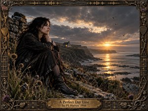 A dark-haired woman sits among rugged coastal rocks and windblown thistles, gazing across a reflective sea beneath brooding storm clouds and golden sunset light. A distant cottage glows warmly on the cliffs. The cinematic, photorealistic scene feels introspective and tense, framed by ornate weathered metalwork, vines, guitar details, and bronze accents.
