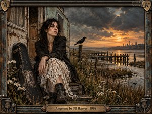 A solitary woman sits beside a weathered caravan and battered guitar case, overlooking a marshy industrial shoreline at sunset. Wildflowers, broken piers, and a black crow deepen the lonely atmosphere. Warm amber light cuts through storm clouds, illuminating muted browns, blue-green metal, worn lace, and richly textured cinematic realism.