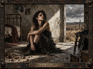 A solitary woman in a torn black dress sits on a worn floor inside a decaying room, framed by cracked plaster, rusted furniture, and an open doorway to a barren field. Muted browns, charcoal, and dusty gray tones create a raw, tense mood, with harsh natural light emphasizing the textured, painterly surfaces.