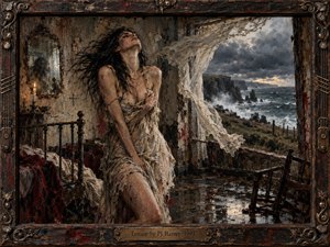 A windswept woman stands inside a decaying seaside room as torn curtains whip toward a stormy coast. Dark browns, tarnished gold, gray-blue water, and muted crimson create a raw, feverish mood. Heavy painterly textures, candlelight, wet floor reflections, weathered furniture, and an ornate distressed frame heighten the intensity.