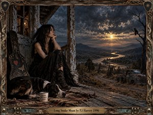 A dark-haired woman rests on a weathered porch beside a sleeping dog and battered guitar case, overlooking a winding river beneath a stormy sunset. Rustic wood, rusted metal, muted earth tones, dramatic golden light, and gothic painterly realism create a brooding, lonely atmosphere framed by serpentine ornament and aged brass.