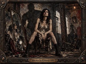 A defiant woman sits wide-legged in a decaying industrial room, framed by cracked mirrors, rusted metal, tangled cables, and battered furniture. Harsh amber light cuts through smoky gray shadows, emphasizing bruised textures, black boots, pale skin, and grimy walls. The gritty mixed-media style feels confrontational, raw, theatrical, and fiercely self-possessed.