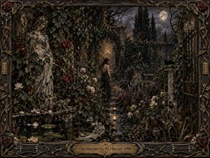 A moonlit Gothic garden surrounds a solitary woman among crumbling statues, thorny roses, iron gates, and a dark reflecting pool. Deep greens, blackened stone, muted crimson flowers, and warm window light create a haunted, intimate mood. Painterly textures, tangled vines, and ornate framing suggest beauty, decay, desire, and uneasy memory.