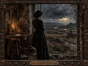 A solitary woman in a black dress stands at a ruined doorway overlooking windswept moorland beneath heavy storm clouds. Candlelight warms the dark interior, where dried flowers, religious objects, and a resting dog suggest longing and isolation. Rich browns, charcoal grays, and muted golds create a brooding, painterly Gothic atmosphere.