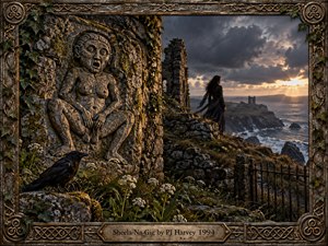 A brooding coastal ruin unfolds beneath storm clouds, where a weathered stone fertility figure dominates the foreground beside ivy, wildflowers, and a black raven. A lone dark-haired woman faces the turbulent sea and distant ruins. Golden sunset light cuts through gray skies, enriching the carved Celtic frame and aged bronze title plate.