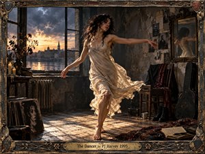 A solitary dancer moves through a weathered bohemian room as golden sunset light spills across scarred wooden floors. Her flowing cream dress catches the motion while dark storm clouds, vintage photographs, records, candles, and a battered guitar case create a tense, intimate mood. Ornate distressed framing reinforces the melancholic, handcrafted atmosphere.