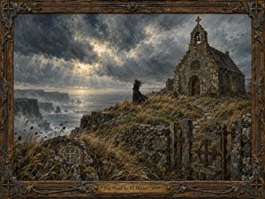 A lone dark figure stands on a windswept cliff beside an ancient stone chapel, overlooking a stormy sea under fractured gray skies. Rugged grasses, crumbling walls, and a weathered gate frame the scene. Muted browns, slate blues, and cold light create a haunting, painterly mood of solitude, memory, and unrest.