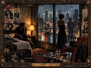 A rain-soaked city glows beyond a dark apartment where two distant figures share a tense, intimate silence. Warm lamplight contrasts with cold blue streets, wet glass, scattered photographs, worn furniture, and amber reflections. The richly textured mixed-media style blends noir atmosphere, urban melancholy, and emotional isolation within an ornate distressed frame.