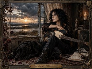 A dark-haired woman rests with a weathered electric guitar in a decaying room beside a black dog, scattered photographs, roses, and an open journal. Storm clouds frame a golden sunset beyond the window. Rich browns, black, and amber light create a brooding romantic mood within an ornate antique frame.