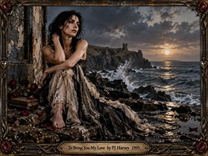 A dark-haired woman in a weathered gown sits barefoot on wet coastal rocks beside scattered red roses and an old journal. Stormy waves, ruined cliffs, and a low glowing sun create a brooding romantic mood. Rich blacks, muted golds, and distressed textures evoke cinematic gothic photography within an ornate antique frame.