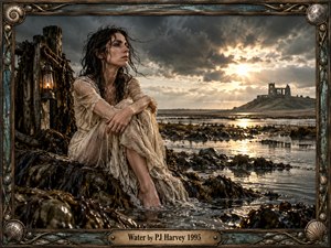 A drenched woman in a torn cream dress sits among dark seaweed-covered rocks beside a reflective tidal shore. Storm clouds part around warm golden sunlight, illuminating distant ruined architecture and restless water. The cinematic, highly detailed composition uses muted teal, bronze, gray, and amber tones within an ornate nautical frame.