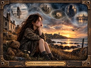 A windswept girl sits among rugged coastal grasses beside a worn teddy bear, gazing toward a lighthouse and glowing sunset over the sea. Stormy blues, warm golds, ruined cottages, gulls, and ghostlike memory bubbles create a wistful, mysterious atmosphere. Painterly textures and an aged metal frame deepen the nostalgic mood.