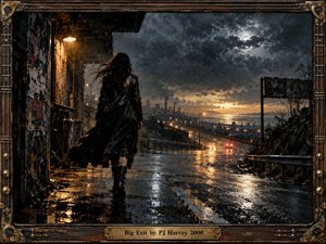 A lone woman in a dark coat walks along a rain-slick industrial road toward a distant glowing horizon beneath turbulent storm clouds and a pale moon. Amber streetlights and reflected headlights cut through deep charcoal tones, while weathered buildings, factories, and an ornate guitar-inspired frame create a tense, cinematic oil-painted atmosphere.