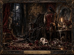 A decaying gothic chamber surrounds an empty red throne beneath cold moonlight, evoking ruin, vanity, and emotional collapse. Black drapery, ravens, cracked portraits, wilted roses, shattered glass, and a broken mask deepen the haunted atmosphere. Rich crimson, bronze, and charcoal tones create a dramatic, handcrafted, theatrical darkness.