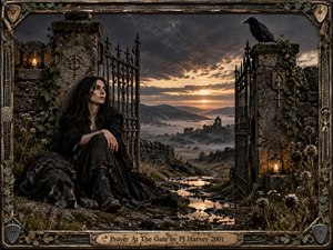 A dark-haired woman and black dog rest beside an open wrought-iron gate overlooking misty hills, ruined stonework, and a distant abbey. Warm lanterns and a low golden sunset break through stormy gray skies, creating a solemn, devotional mood. Weathered textures, ivy, ravens, and ornate framing give the scene a gothic, handcrafted character.