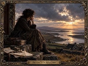 A solitary woman sits on weathered stone overlooking a misty coastal valley at sunset, surrounded by aged letters, books, pale flowers, and rugged masonry. Dark clothing and storm clouds create a brooding mood, while golden rays illuminate distant water and hills. An ornate antique frame completes the richly detailed cinematic composition.