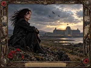 A dark-haired woman in a weathered black coat sits on jagged coastal rocks, facing a distant fortress-like government building beneath brooding storm clouds. Golden sunset light glows across the water while red poppies and circling birds punctuate the muted landscape. A distressed military-metal frame reinforces the tense, melancholic, cinematic atmosphere.