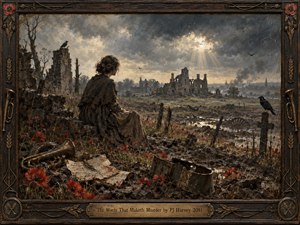 A solitary woman sits among shattered ruins overlooking a scarred battlefield, where muddy earth, broken masonry, poppies, abandoned brass instruments, and black birds evoke grief and remembrance. Storm clouds part around pale sunlight, illuminating distant wreckage. The richly textured oil-painting style uses somber browns, gray skies, and restrained crimson accents.
