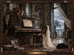 A weathered upright piano dominates a decaying coastal room, surrounded by faded roses, scattered sheet music, antique portraits, and a draped wooden chair. Cold daylight pours through open doors toward stormy cliffs and rough seas. Dark browns, gray blues, peeling textures, and ornate framing create a haunted, melancholic atmosphere.