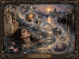 A pale dark-haired woman floats serenely in rippling twilight water before a misty London riverfront, while translucent memory bubbles drift in an S-curve across the scene. Warm gold reflections, dusky blues, scattered petals, and an ornate bronze frame create a melancholic, dreamlike mixed-media painting rich with texture and atmosphere.
