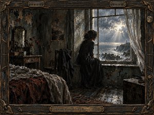 A solitary woman in a dark, weathered seaside room gazes through a rain-streaked window toward stormy cliffs and a distant lighthouse. Muted charcoal, bronze, and gray tones heighten the melancholy mood, while sudden shafts of pale sunlight suggest resilience. Thick painterly textures, worn furnishings, and an ornate guitar-string frame deepen the atmosphere.