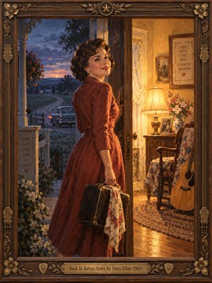 A smiling woman in a crimson dress pauses in a farmhouse doorway, suitcase in hand, between a winding twilight road and a warmly glowing room. Flowers, a vintage car, quilted chair, and acoustic guitar evoke romantic homecoming. Rich oil brushwork, golden lighting, and an ornate carved wooden frame enhance the nostalgic atmosphere.