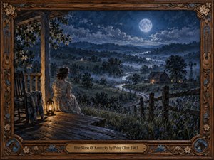A solitary woman in a vintage dress sits on a weathered porch beneath a glowing moon. Amber lantern light warms the foreground as blue mist veils Kentucky hills, a winding road, and distant farmhouse. Expressive oil brushwork, carved guitars, and a brass title plate evoke wistful country nostalgia.